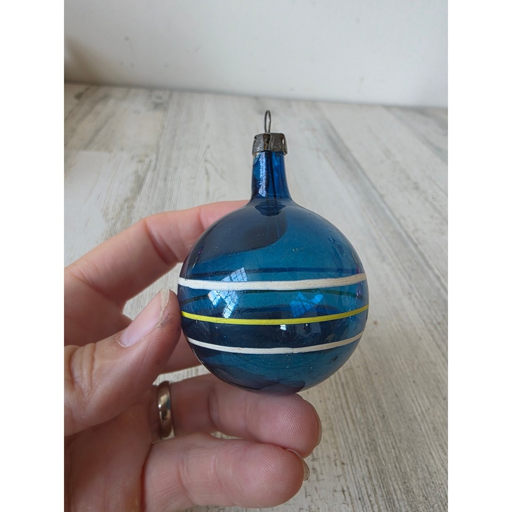 Vintage premier unsilvered blue striped glass ornament Xmas tree yellow white
